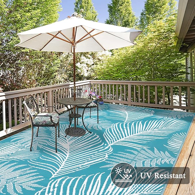 Pauwer Waterproof Outdoor Rug 9x12, Reversible Plastic Straw Patio Camping Rug, Indoor Outdoor RV Mat Carpet for Deck, Camper, Porch, Balcony, Backyard, Picnic, Leaf Teal