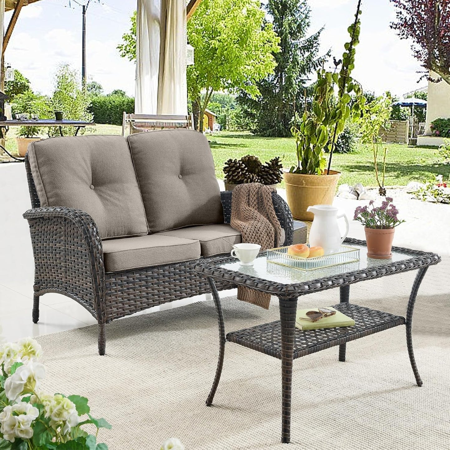 Outdoor Wicker Furniture Set with Swivel Chairs, 5 Piece Small Patio Conversation Sets with Rattan Loveseat Coffee Table for Patio Deck Porch Backyard, Grey Cushion