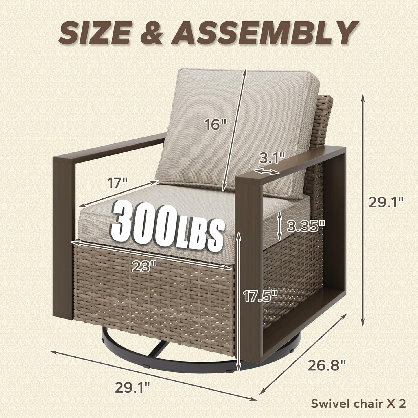 Outdoor Swivel Rocker Patio Metal Chairs Set of 2 - Porch Furniture 2 Pieces 360 Degree Glider Rockers Rattan Chairs with Washable Cushion & Metal Steel Rectangular Framed Armrest, Beige