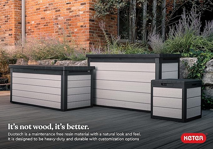 Keter Denali 30 Gallon Resin Outdoor Storage Box and Patio Furniture Side Table for Pool and Garden Accessories, Grey & Black