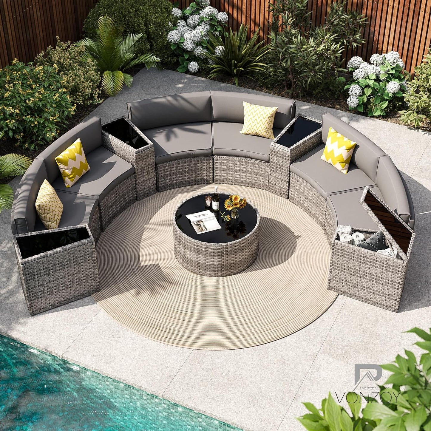 Patio Sectional Furniture Outdoor 11-Piece Grey Rattan Curved Sofa Set with Storage Table,Pillows,Fit for Pool Backyard Balcony Porch Lawn (Grey)