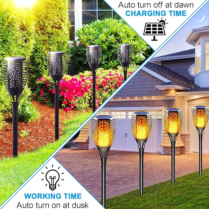 Solar Torch Lights 8 Pack - Outdoor Waterproof Solar Tiki Torches with Realistic Flickering Flame, 3-in-1 Hanging Lanterns, Fire Effect Landscape Decoration for Garden, Pathway, Yard & Patio