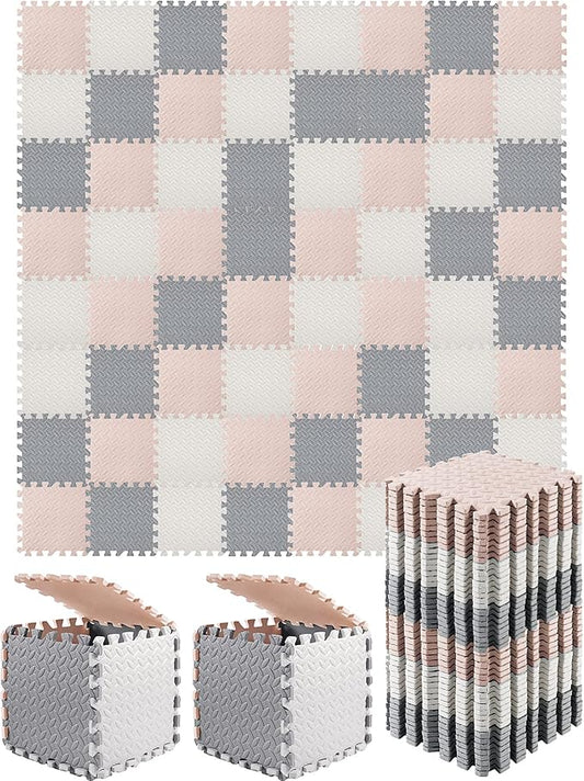 Shihanee Foam Floor Baby Tiles Foam Floor Mats Play Mats Bulk with Borders Interlocking for Kids Baby Playroom Nursery Gym (White, Beige, Gray,64ft)