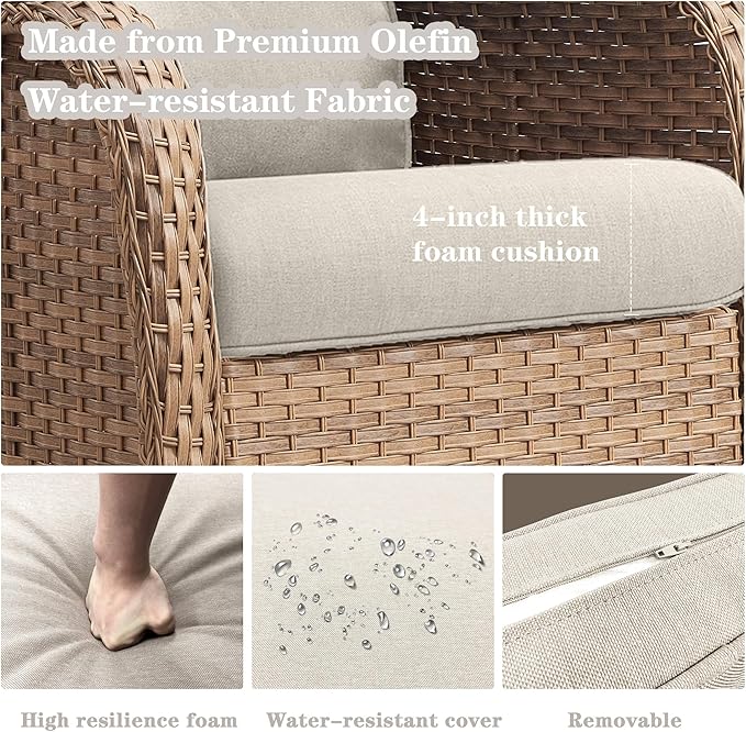 Wicker Outdoor Furniture Patio Furniture Set - 6 Piece Patio Conversation Set with Swivel Rocker Chairs, Loveseat Sofa, Ottomans and Coffee Table, Beige Cushion