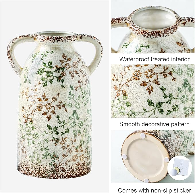 Enra Large Vintage Green and Beige Ceramic Chinoiserie Floral Vase, 11.2 Inch Rustic Decorative Flower Vase for Home, Living Room, Kitchen, or Office – Pastoral Retro Design