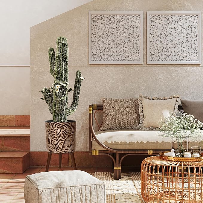 12inch Black Plant Pots for Indoor Plants Large Boho Flower Pot with Stand Modern Planters with Gold Floral Embossed Standing Planter with Drainage for Living Room, Office, Garden or Balcony