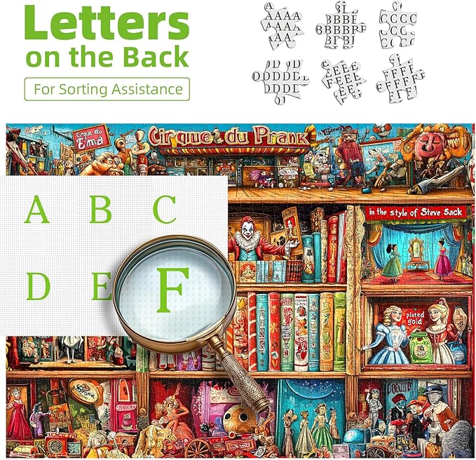 Circus Bookshelf Puzzles for Adults 1000 Pieces Colorful Vintage Artwork Jigsaw Puzzles with Letters on Back Hard Impossible Difficult Challenging Funny Family Puzzle (27.5"x19.6")