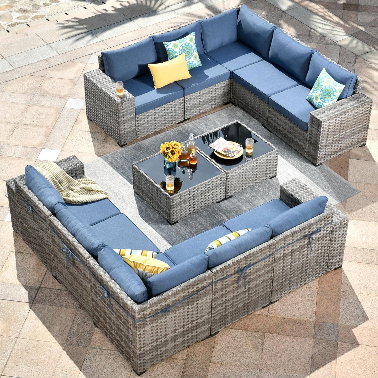 HOOOWOOO 12 Piece Modular Patio Outdoor Sectional Furniture Sofa Set,Wicker Conversation Set,Out Door Couch Set with Wide Arm for Outside All Weather(Denim Blue)