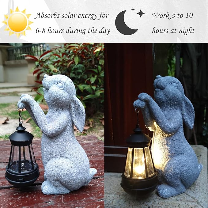 Rabbit Solar Garden Statues,Resin Rabbit Figurine Decorations with Solar Lights Lantern, Outdoor Figurines Lawn Garden Statue Decor Art for Lawn,Yard, Balcony Ornament.