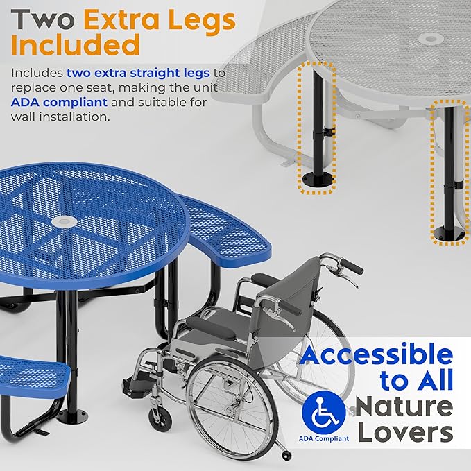 Metal Picnic Tables for Outdoors with Umbrella Hole - Coated Steel Heavy Duty Commercial Grade Table with Adjustable Seats (Blue, 46 in, Round, Expanded Steel)