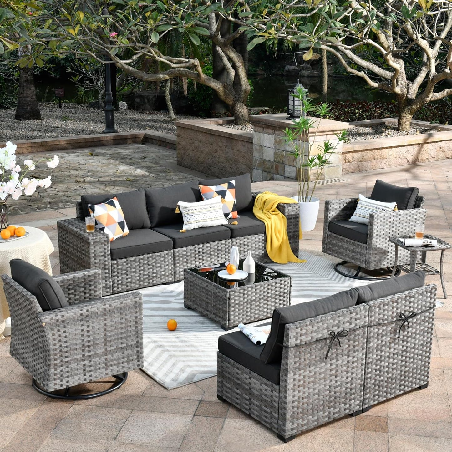 HOOOWOOO 9 Piece Modular Patio Outdoor Sectional Furniture Set with Swivel Rocking Chairs,Wicker Conversation Sofa Set,Outside Couch Set with Wide Arm(Black)