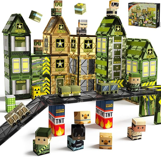 GobiDex 100PCS Magnetic Building Blocks Army Toys, STEM Military Magnetic Tiles with Army Men, Magnet Construction Toys for Toddler Kids Ages 3-5 5-7 4-8, Birthday Gifts for 3+ Year Old Boys Girls