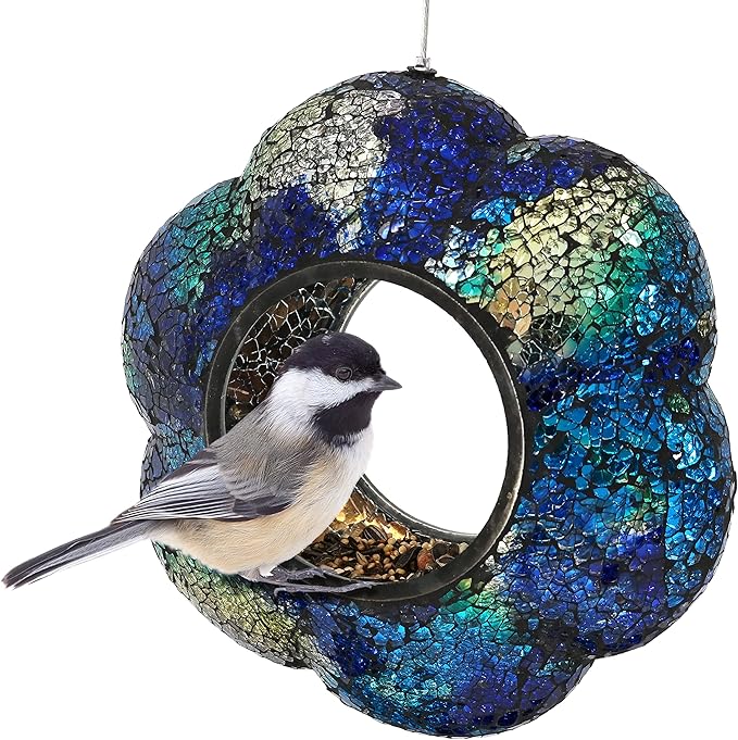 Sunnydaze 10-Inch Glass Mosaic Hanging Bird Feeder for Outdoors - Fly-Through Wild Bird Feeder - Indigo Flower Mosaic