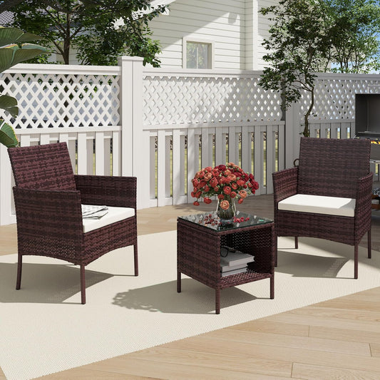 3 Piece Patio Furniture Set - Outdoor Conversation Sets with Coffee Table, Rattan Chair Set for Garden/Poolside, Brown/Beige