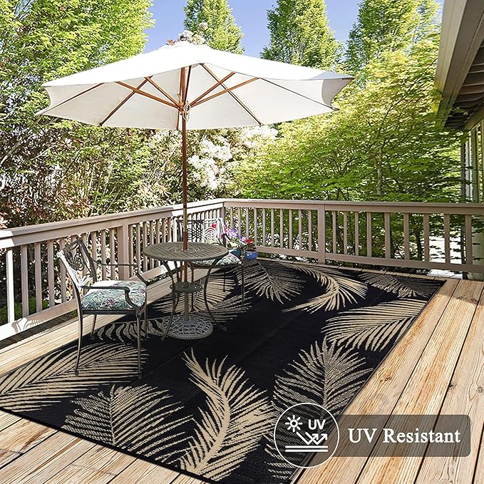 Pauwer Waterproof Outdoor Rug 6x9, Reversible Plastic Straw Patio Camping Rug, Indoor Outdoor RV Mat Carpet for Deck, Camper, Porch, Balcony, Backyard, Picnic, Leaf Black Brown