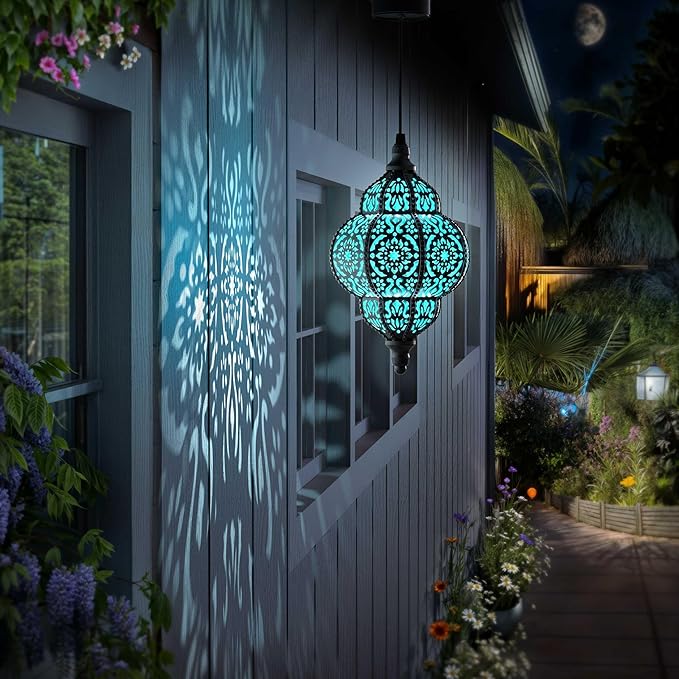 Hanging Solar Lights Outdoor Garden Decor Solar Lantern Waterproof Plastic Moroccan Outdoor Decorations for Patio Pathway Yard Backyard Garden Decorative (2, Black)