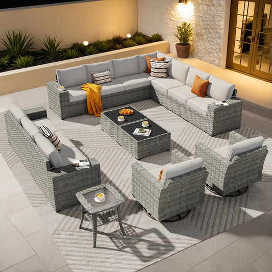 ovios 15 Pieces Patio Furniture Set, Outdoor Wicker Sectional Sofa with Swivel Chairs Coffee Table, Modern Modular Deep Seat Rattan Couch Conversation Sets, Beige