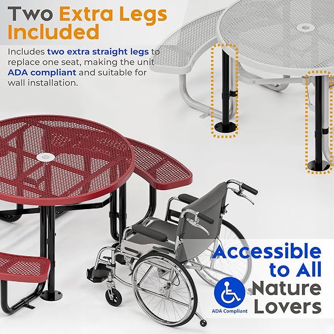 Metal Picnic Tables for Outdoors with Umbrella Hole - Coated Steel Heavy Duty Commercial Grade Table with Adjustable Seats (Red, 46 in, Round, Expanded Steel)