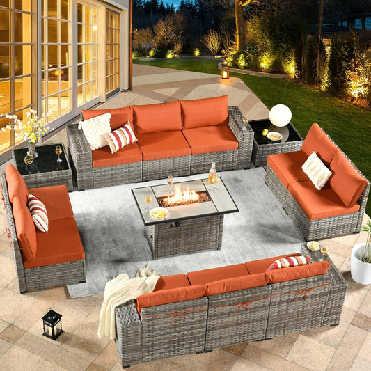 HOOOWOOO 13 Piece Modular Patio Outdoor Sectional Furniture Set with Gas Propane Fire Pit Table,Wicker Conversation Sofa Set,Out Door Couch Set with Wide Arm Outside(Orange Red)