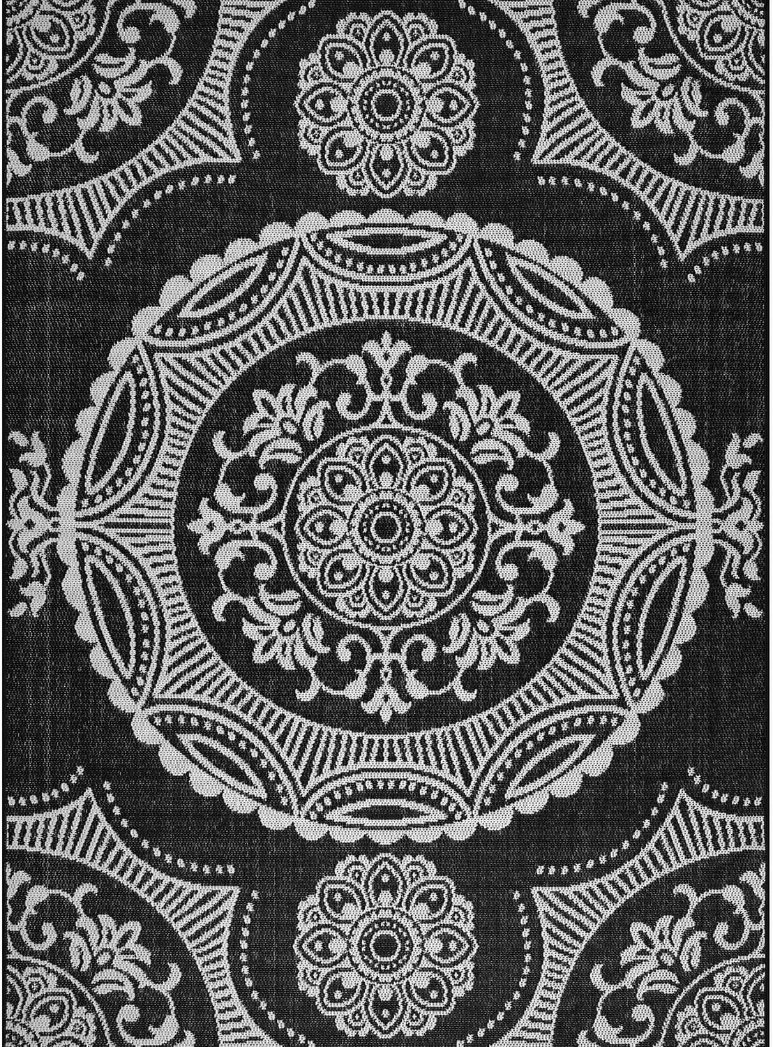 Medallion Outdoor Rug 6x9 Washable Outside Carpet for Indoor Patio Porch Waterproof Easy Cleaning Non Shedding Area Rugs Black 6 x 9