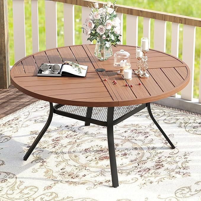 VICLLAX Round Patio Table with Adjustable Umbrella Hole for 6, All Weather Metal Outdoor Dining Table for Lawn Garden, 47.2" Outdoor Coffee Table, Walnut Wood-Like Tabletop