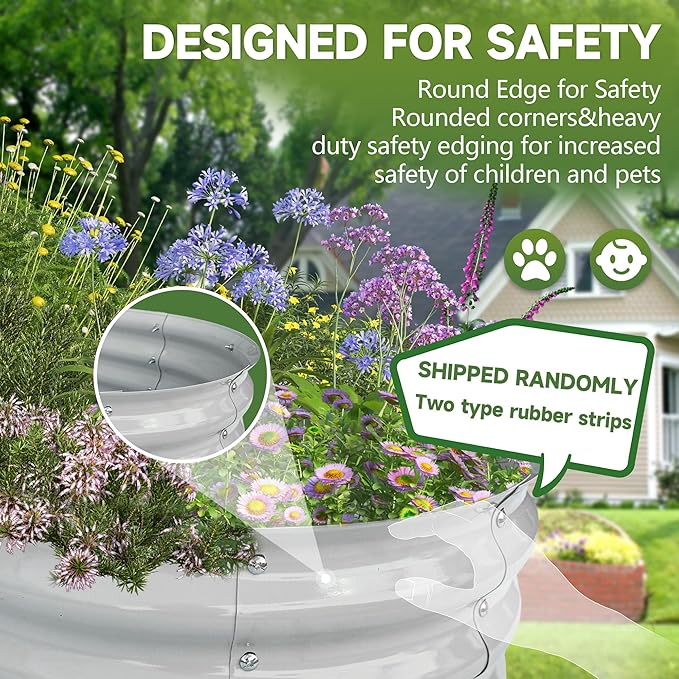 Galvanized Metal Raised Garden Bed 4x2x1ft Large Raised Planter 1Pack Outdoor Planter Box with Rubber Stripe and Safety Gloves for Vegetables, Fruits, Herbs, Flowers, Grey White