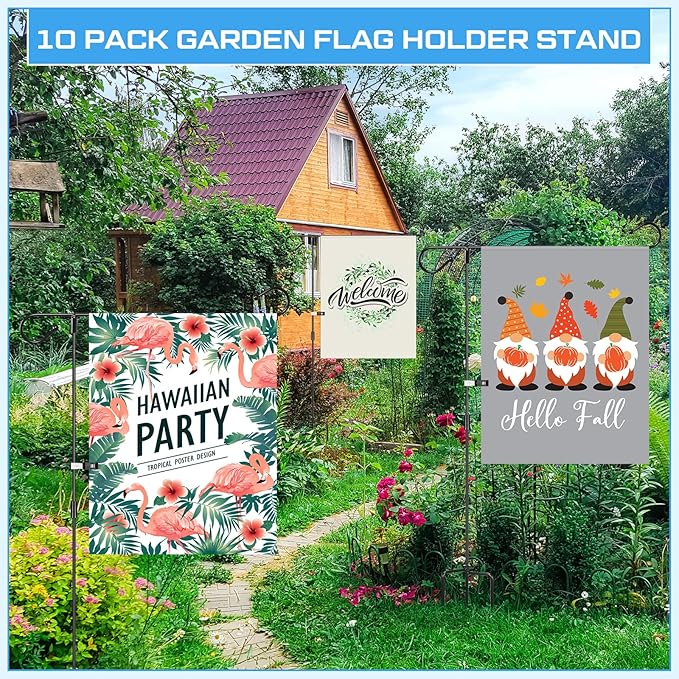 Sadnyy 10 Pack Garden Flag Stand for 13.5" Width 12 x 18 Inches Yard Flag Pole Holder Metal Powder Coated Weather Proof Holder with Anti Wind Clip for Farmhouse Outdoor Yard Lawn Decoration