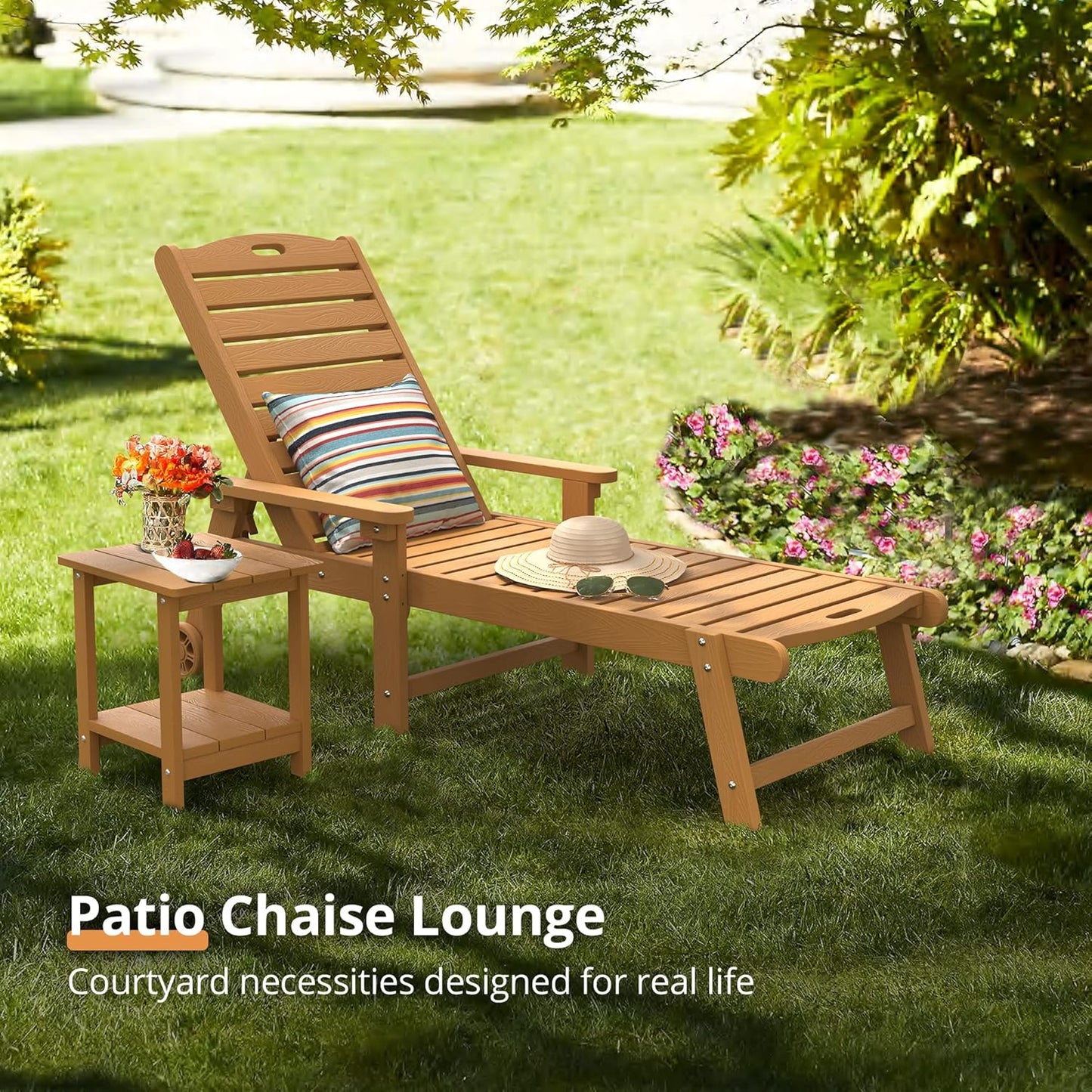 LUE BONA Outdoor Chaise Lounge Chairs Set of 4, HDPS Chaise Lounger, 5 Positions Adjustable Lounge Chairs, Pool Lounge Chair with Wheels for Poolside, 3 Year Warranty, Teak Color