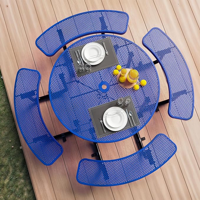 Metal Picnic Tables for Outdoors with Umbrella Hole - Coated Steel Heavy Duty Commercial Grade Table with Adjustable Seats (Blue, 46 in, Round, Punched Steel)