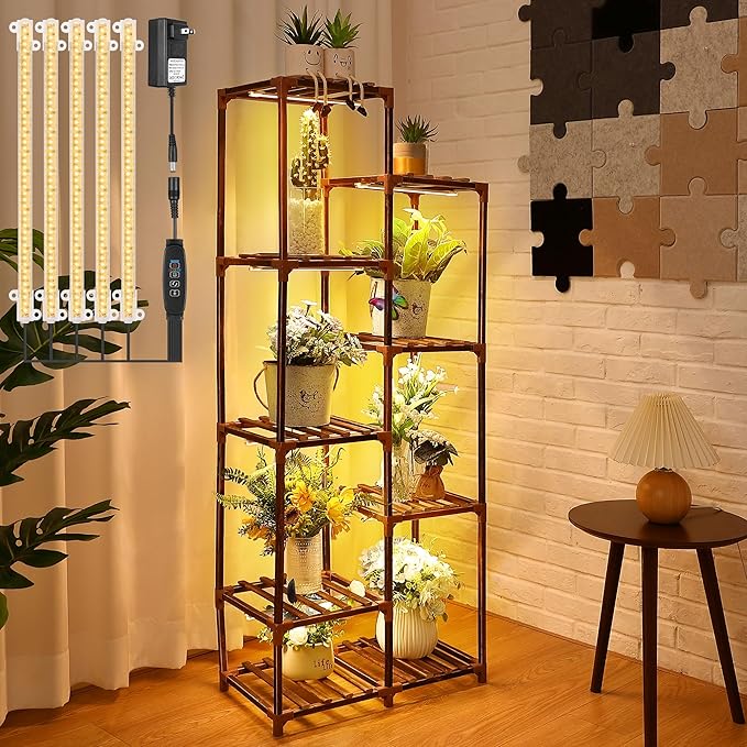 Plant Stand with Grow Lights Indoor, 9 Tiers Shape Plant Shelf with Light Full Spectrum Led Grow Light, Timer Function and Brightness Adjustment, Wood Plant Stand Indoor for Corner Living Room