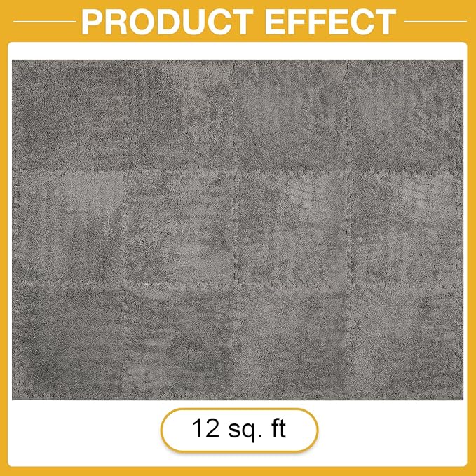 12 Pcs Plush Interlocking Carpet Tiles, Non-Toxic Shaggy Foam Carpet Tiles for Toddler Baby, Machine-Washable, Anti-Slip, EVA Foam Interlocking Tiles for Floor, Nursery, Playroom, Grey