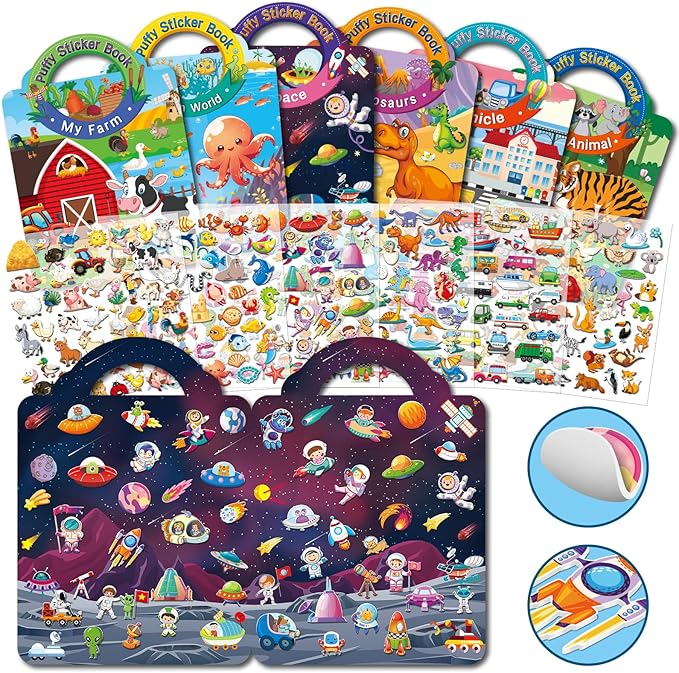 6 Sets 3D Reusable Sticker Books for Toddlers, Puffy Activity Books for Kids Ages 3-5, Travel Sticker for Kids 3 4 5 6 Years Old Girls & Boys Birthday Gifts