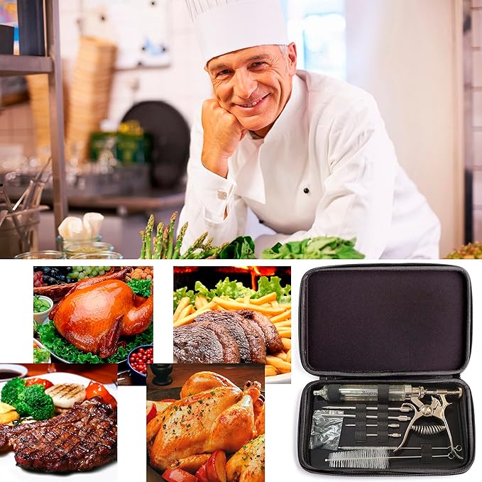 Meat Injector Syringe Stainless Steel Outdoor Meat Kit Marinade Flavor Food Injector Syringes with 4 Marinades Needles Grill Smoker Injectors Professional Syringe Held Culinary Barbecue Tool For BBG