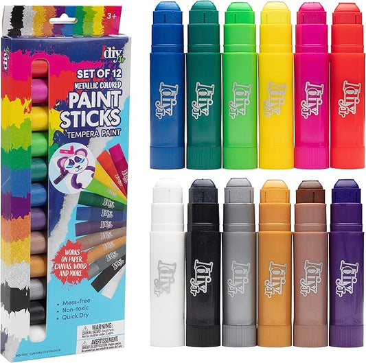 Idiy Tempera Paint Sticks (12pk Metallic Vibrant Colors)-Classroom Back to School Supplies, Summer Camp Art & Crafts Projects, Draw &Paint on Wood, Paper, Ceramic, Canvas! Quick Dry, Non-Toxic,No Mess