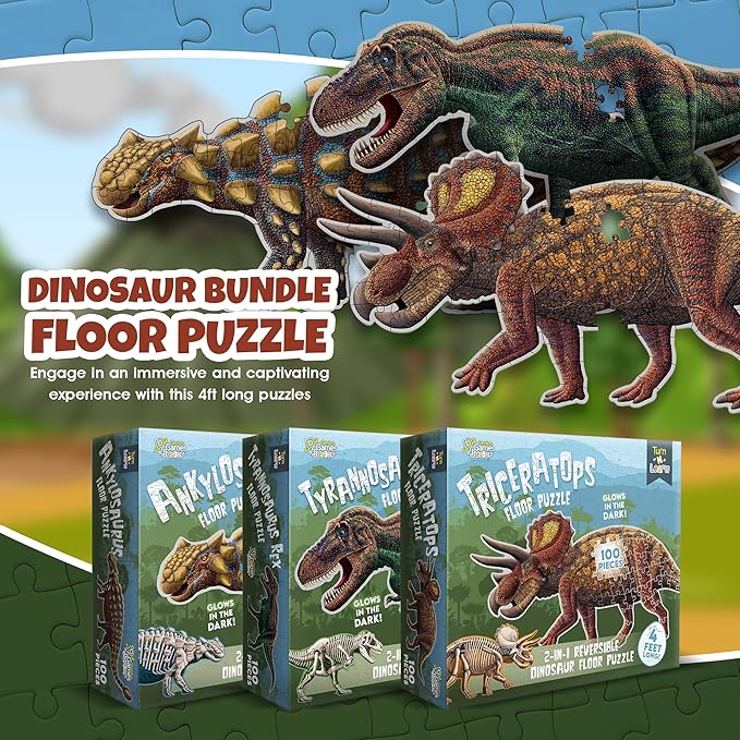 Tyrannosaurus Rex, Triceratops and Ankylosaurus Dinosaur Puzzle Bundle | 100-Piece Each with Glow-in-The-Dark Skeleton On Other Side | 4 FT Scientifically Accurate Dino Illustration