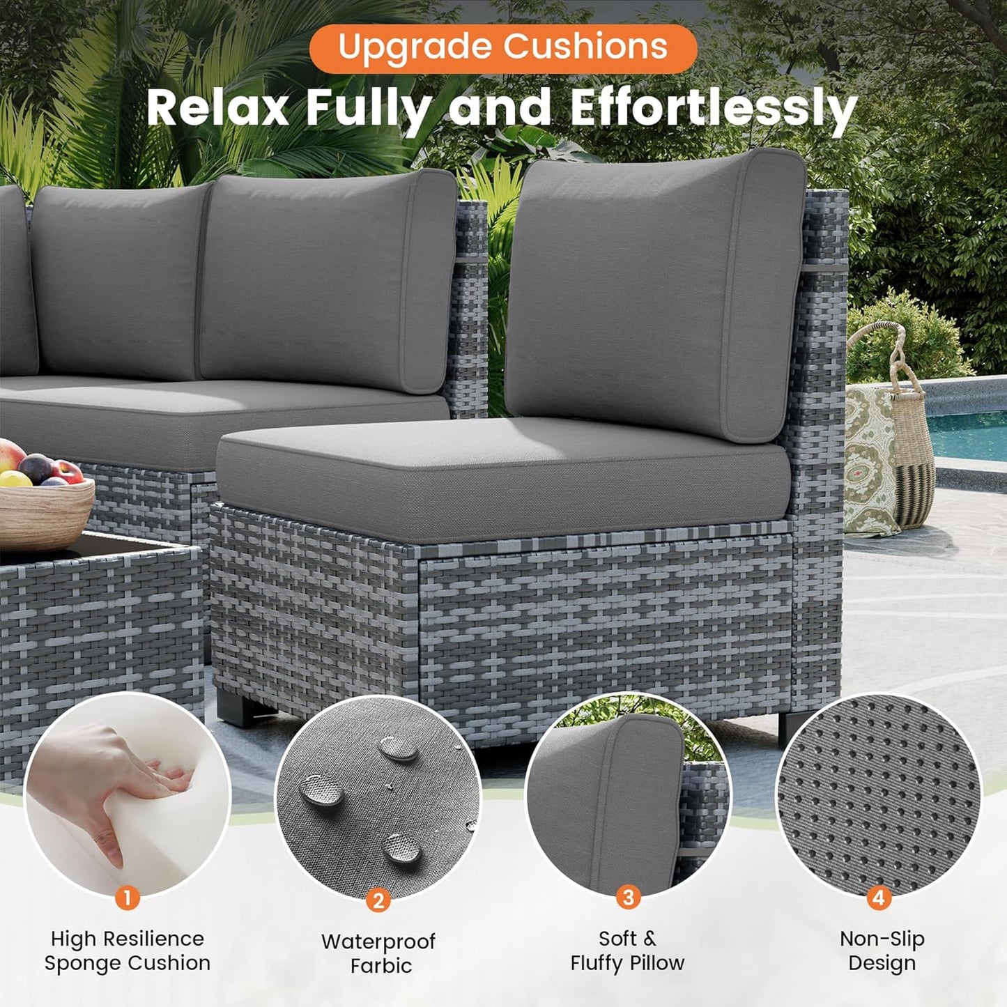UDPATIO Patio Furniture Set, 8 Inch Armrest Outdoor Sectional Sofa, 6 Piece Wicker Outdoor Furniture Conversation Sets with Waterproof Cover and Coffee Table for Backyard Deck(Grey/Dark Grey)