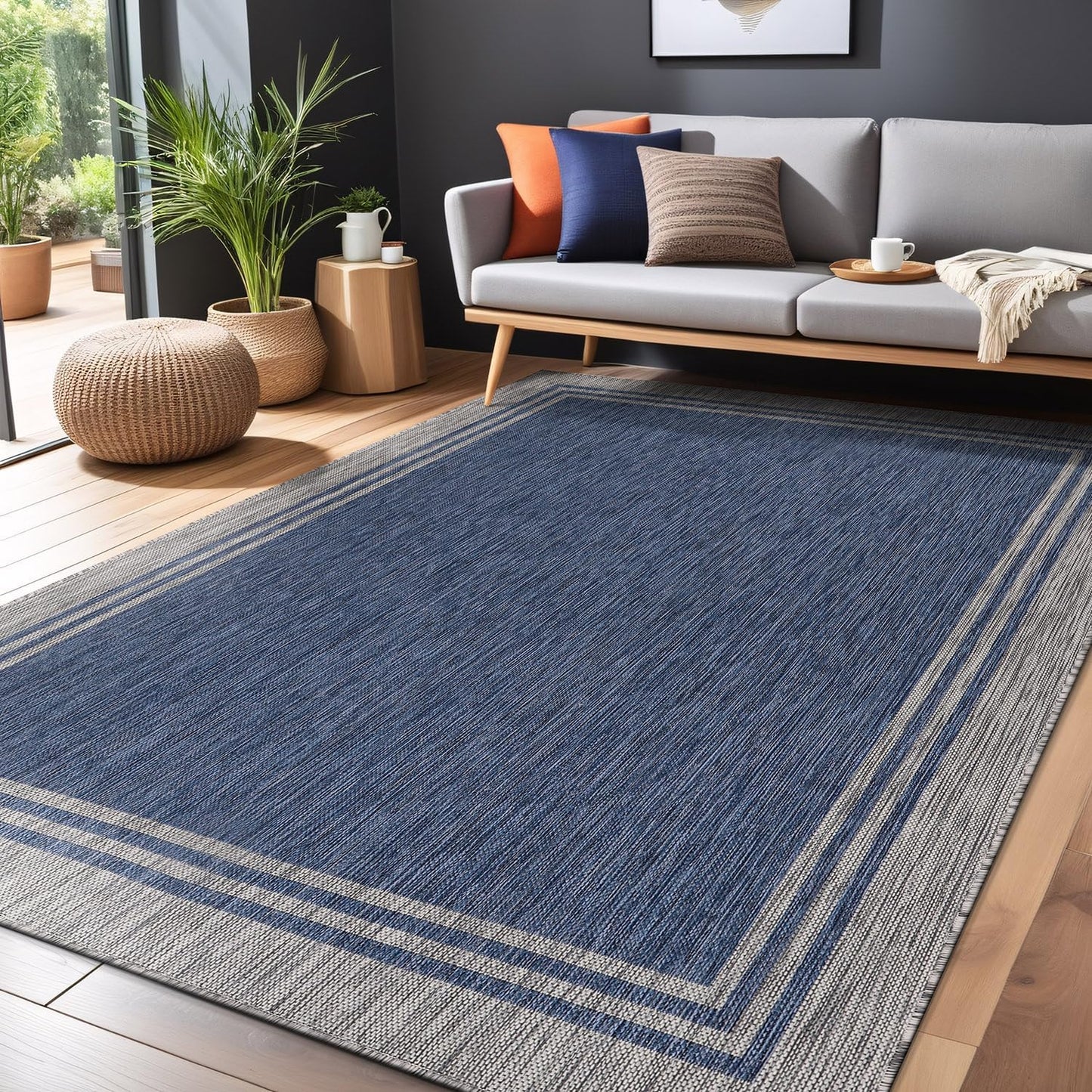 Bordered Outdoor Rug 6x9 Washable Outside Carpet for Indoor Patio Porch Waterproof Easy Cleaning Non Shedding Area Rugs Navy 6 x 9