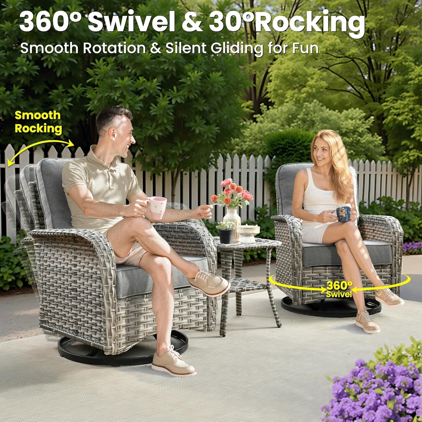 ovios 9 Pieces Patio Furniture Set Outdoor Sectional Sofa Couch with Fire Pit Table Rocking Swivel Chairs Deep Seat Chaise, Modern Modular Wicker Rattan Conversation Set, Dark Grey