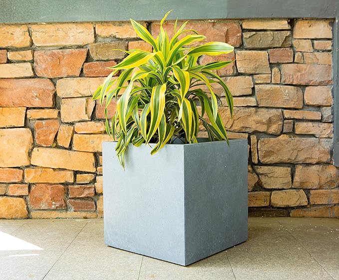 Kante 16 Inch Square Concrete Planter for Outdoor Indoor Home Patio Garden, Large Plant Pot with Drainage Hole and Rubber Plug, Slate Gray