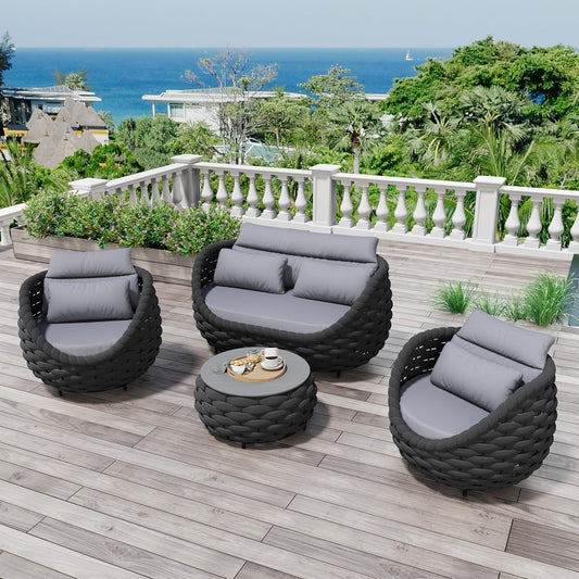 4 Pieces Assembled Patio Conversation Sets, Aluminum Outdoor Furniture Sofa Set - Modern Cushioned Set Hand Woven Rope Couch Armchair Set for 4 - All Weather for Indoor Deck Porch Backyard Hotel