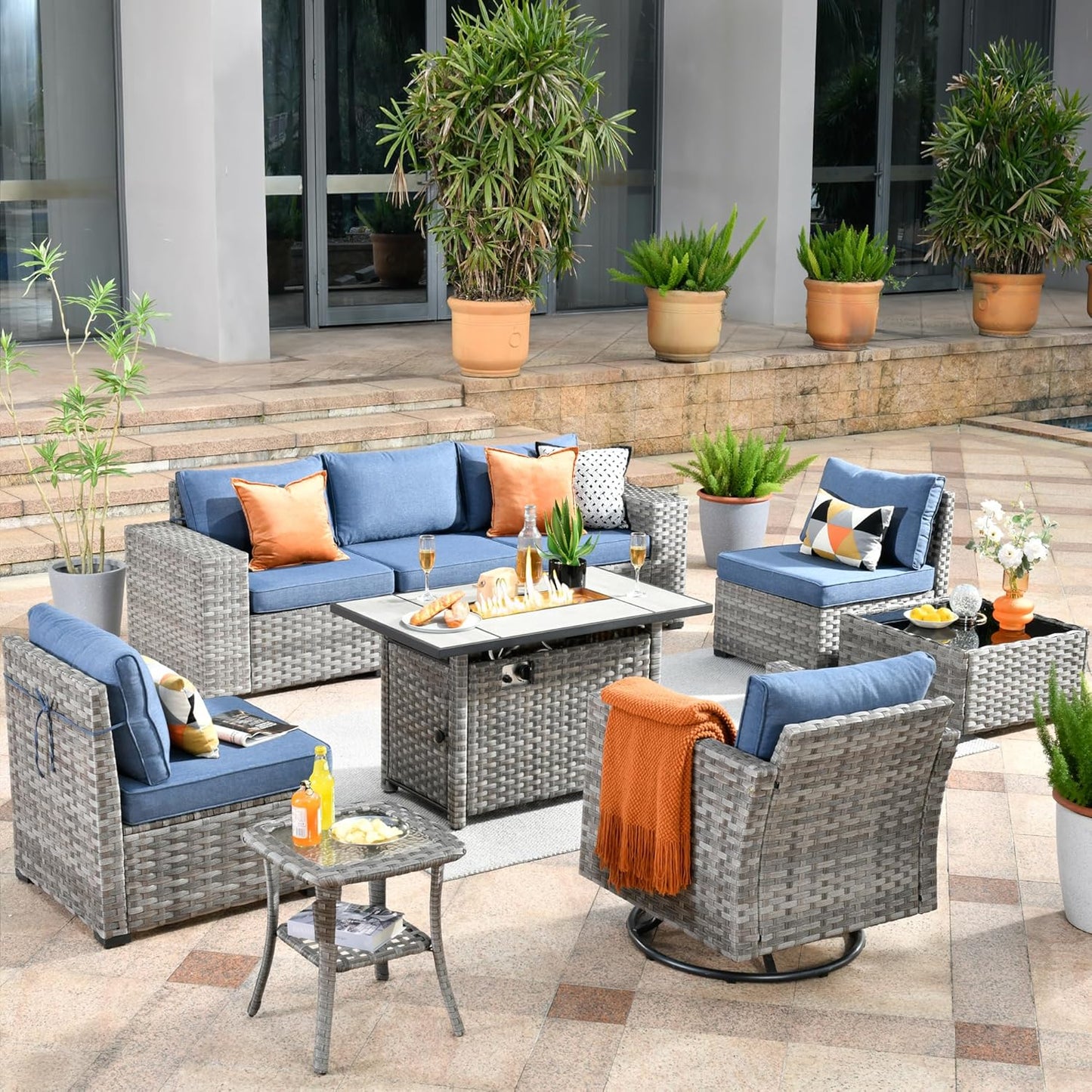 HOOOWOOO 9 Piece Modular Patio Outdoor Sectional Furniture Set with Large Propane Fire Pit Table,Wicker Conversation Sofa Set with Swivel Chairs,Outside Couch Set(Denim Blue)