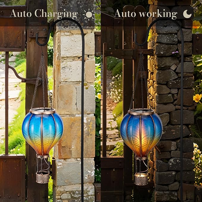 TERESA'S COLLECTIONS 2 Pack Hanging Solar Lantern Outdoor Garden Decor for Valentine,Waterproof Plastic Hot Air Balloon Blue Flickering Flame Effect Lantern for Yard Tree,Gift for Mom,18"