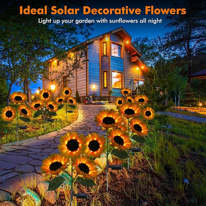 Solar Sunflower Lights, 800mA Solar Garden Light with Real Looking Flowers Outdoor Waterproof Solar Stake Lights for Back Yard, Flower Bed, Pathway, Patio, Porch, Fall Decoration (4 Pack)