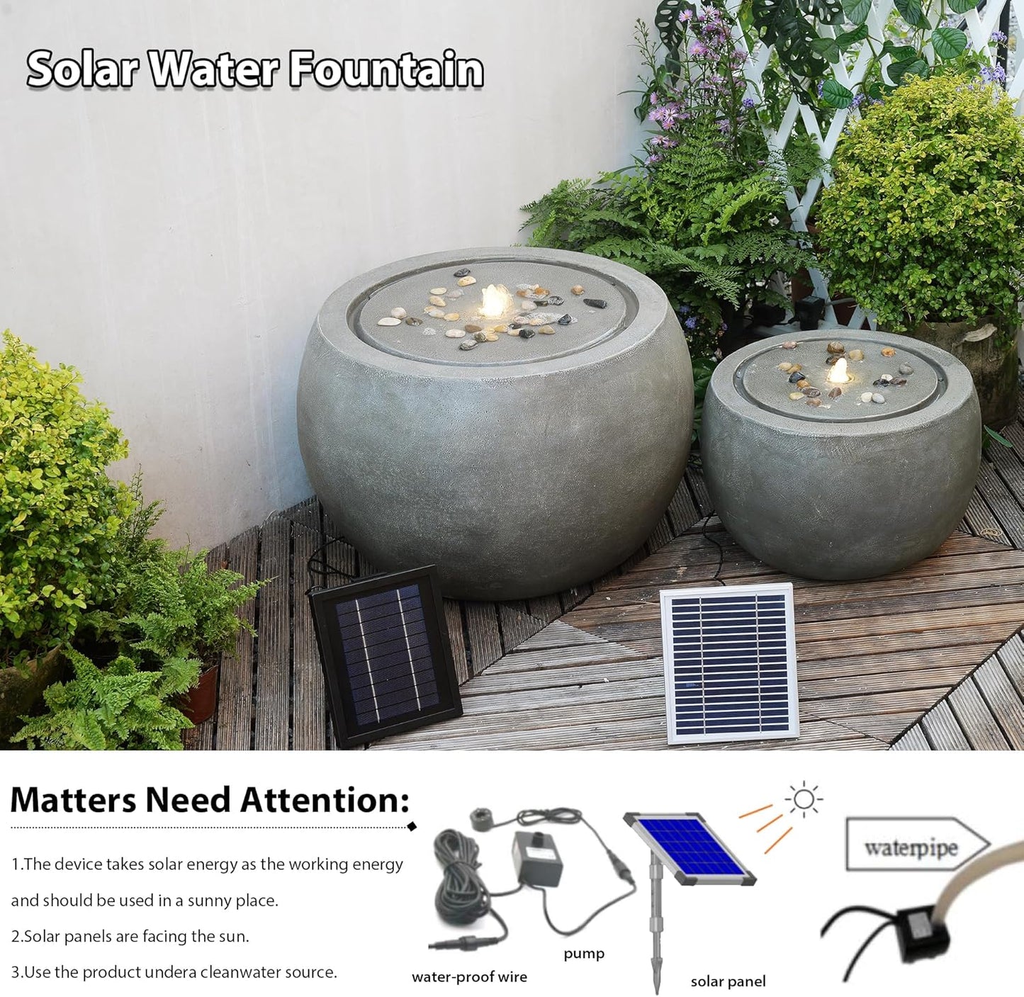 Solar Water Fountain Outdoor Garden Bubbler Water Feature Fountains Solar Powered for Patio Deck Yard Home Decor Gray, 18 "L x 18" W x 11.5" H