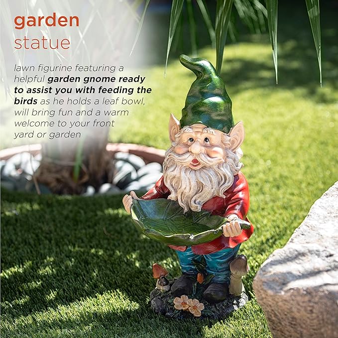 Alpine Corporation 16" Tall Outdoor Garden Gnome and Bird Feeder Yard Statue Decoration