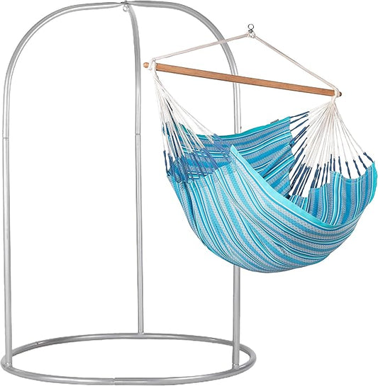 LA SIESTA® - XL King Habana Cotton Hammock & Romano Steel Stand - Indoor Outdoor Hanging Chair Swing for Bedroom Porch Balcony - Boho Hanging Chair - Azure
