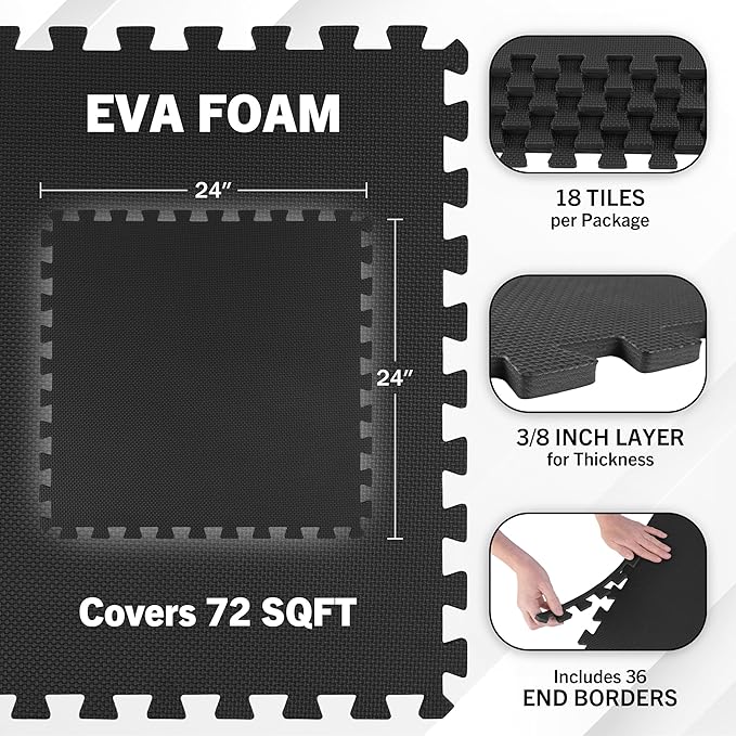 EVA Foam Mat Tiles 18-Pack - 72 SQ FT of Interlocking Padding for Garage, Playroom, or Gym Flooring - Exercise Mat or Baby Playmat by Stalwart (Black)