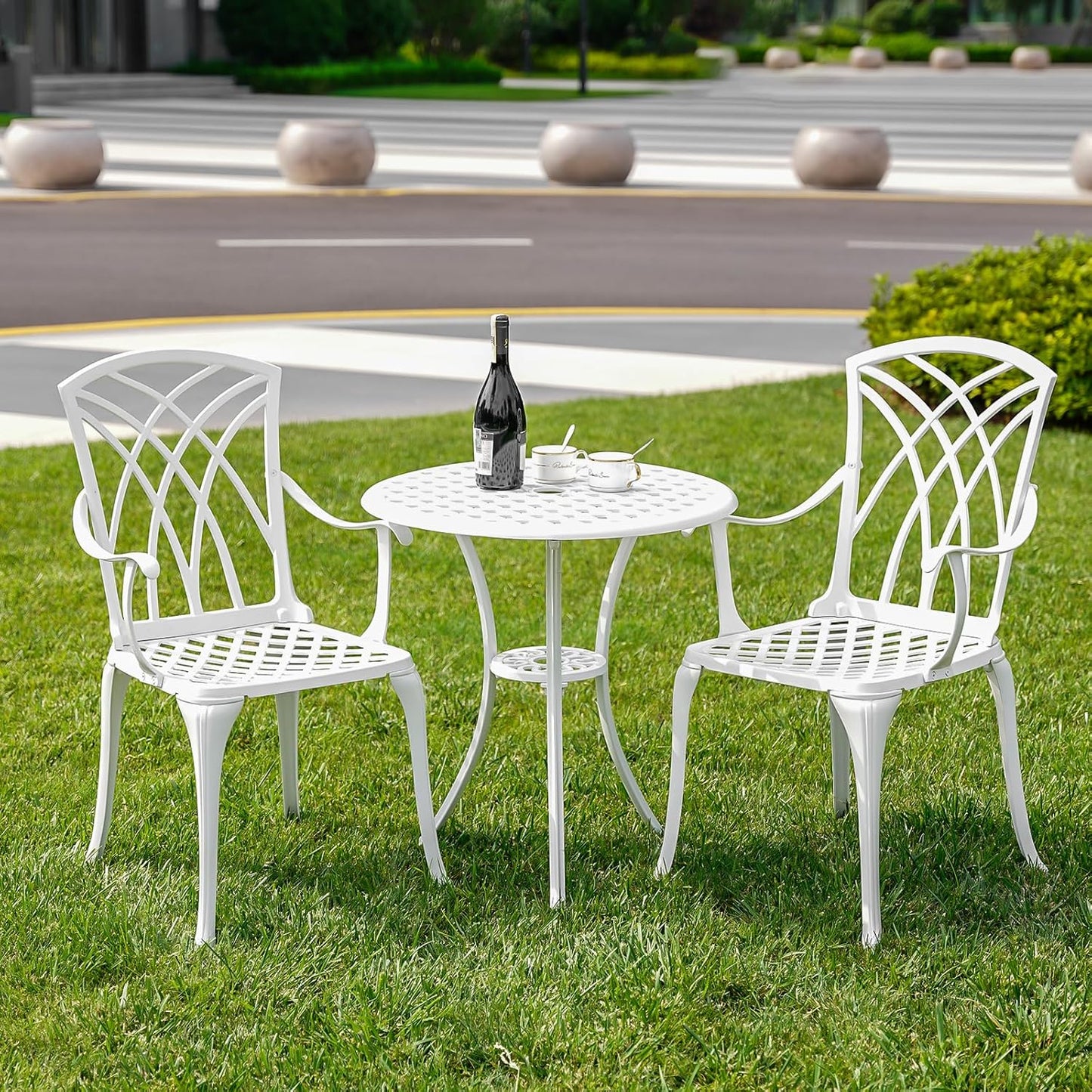 Patio Bistro Set 3 Piece with Umbrella Hole, Outdoor Bistro Table and Chairs Set of 2, Patio Bistro Set 3 Piece White, Cast Aluminum Furniture for Park Yard Front Porch