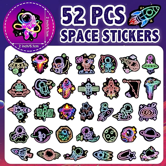 52 Pcs Neon Astronaut Stickers for Kids Glow in The Dark, Waterproof Space Sticker for Water Bottle, Vinyl Laptop Decals for Teens Girls Boys, Students Adults Sticker Pack