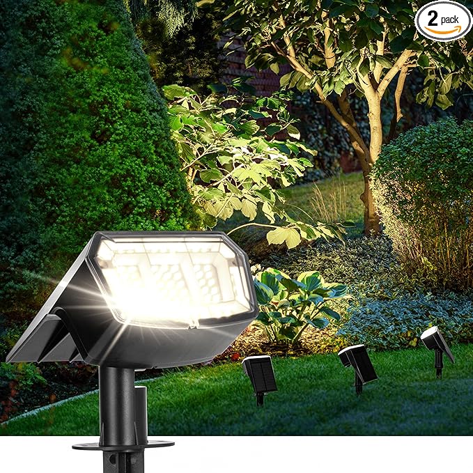Solar Spot Lights Outdoor 63 LED 3 Lighting,Waterproof IP65 Modes Spotlights for Outside House Yard Garden Landscape Lights 2 Pack (Natural Light)